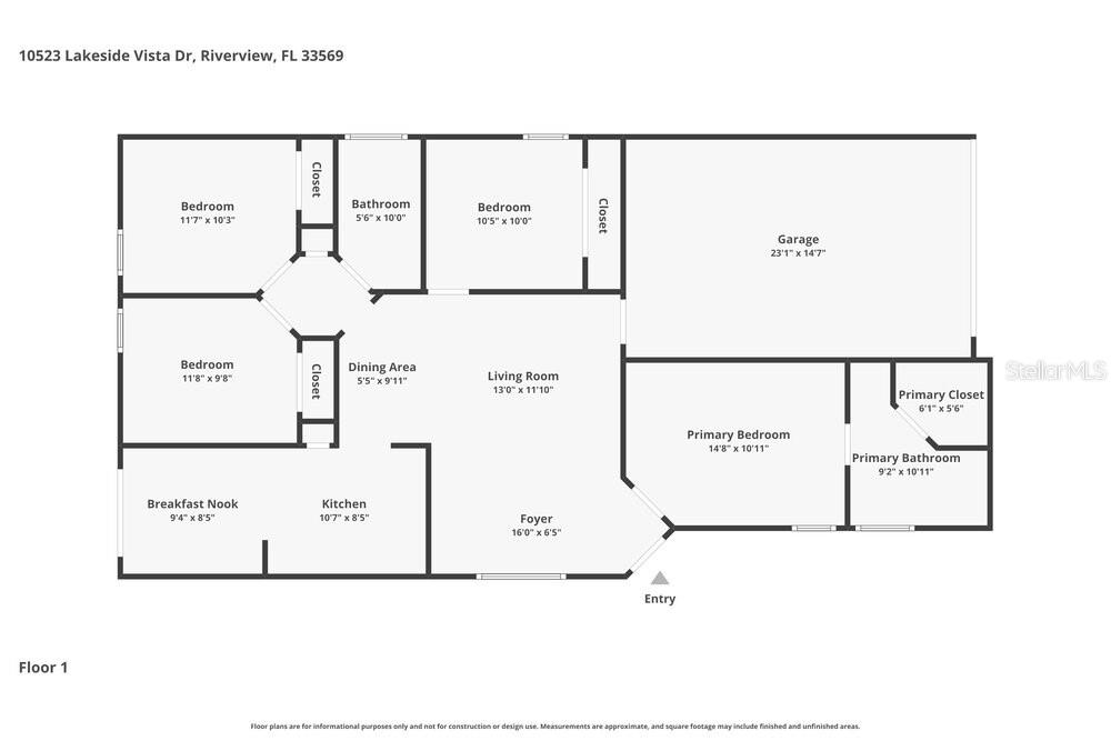This is a floor plan of a single-story house featuring four bedrooms and a garage — 10523 LAKESIDE VISTA DRIVE, RIVERVIEW, FL