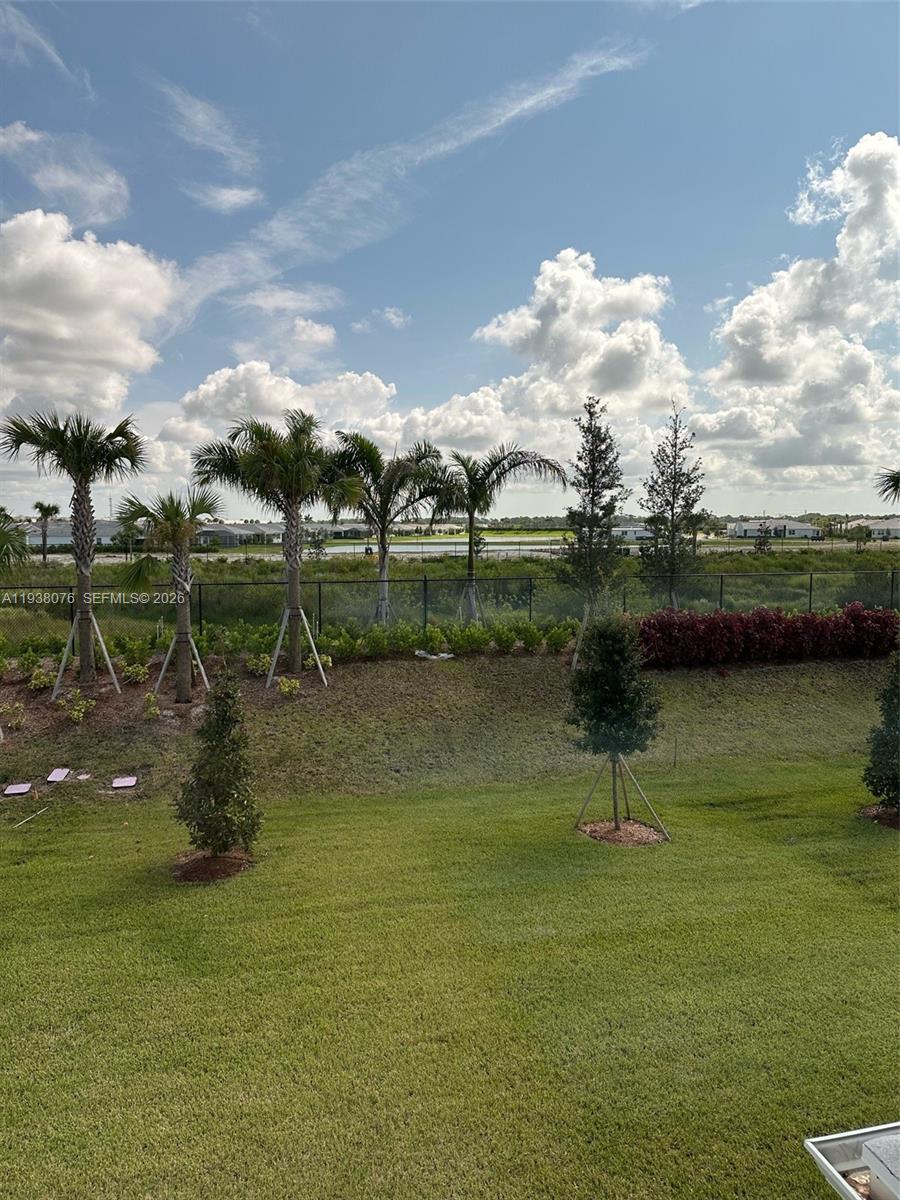 A grassy backyard features young palm trees, a sloped lawn, and a black metal fence — PORT ST. LUCIE, FL
