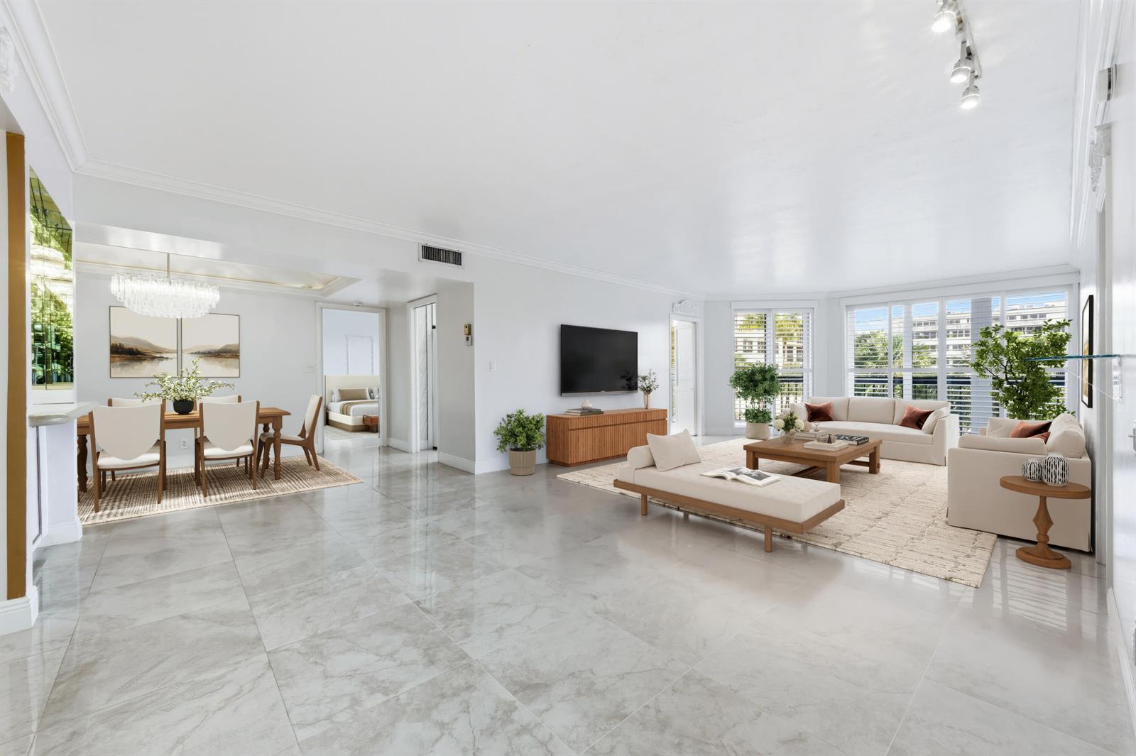 A bright, open-concept living and dining area features large marble floor tiles and white walls — 2778 S Ocean Boulevard # 206s, Palm Beach FL 33480, PALM BEACH, FL