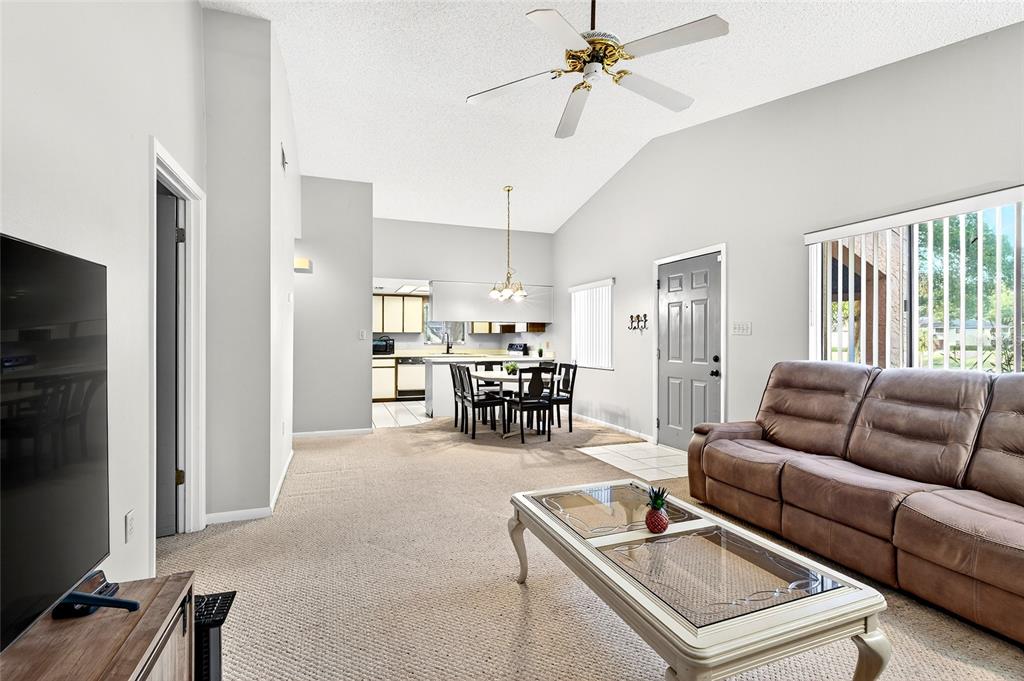 A living room with beige carpet, a brown sofa, and a dining area in the background — 2945 SW 32ND AVENUE UNIT D6, OCALA, FL