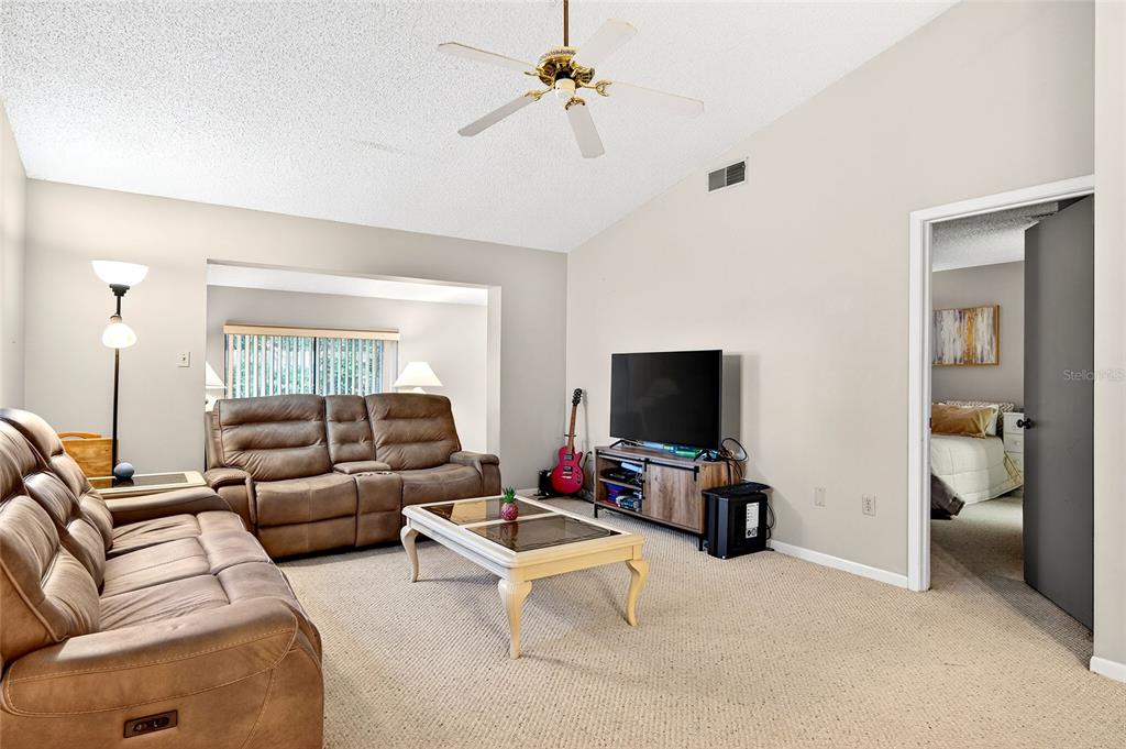 A living room with brown leather sofas, a coffee table, and a television on a stand — 2945 SW 32ND AVENUE UNIT D6, OCALA, FL