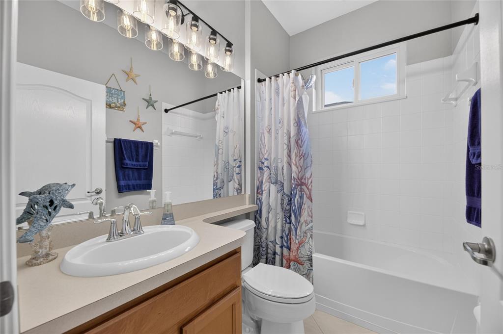 A bathroom features a wooden vanity, a white sink, a toilet, and a shower-tub combination — 13311 GRAHAM YARDEN DRIVE, RIVERVIEW, FL