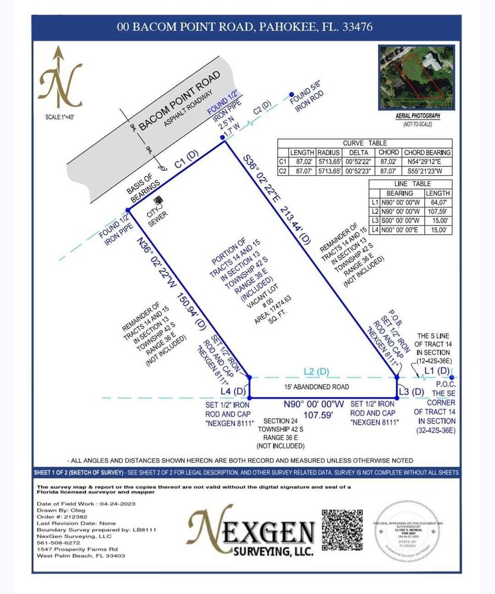 This is a survey map showing the property boundaries and dimensions of a vacant lot — 00 Bacom Point Road, Pahokee FL 33476, PAHOKEE, FL