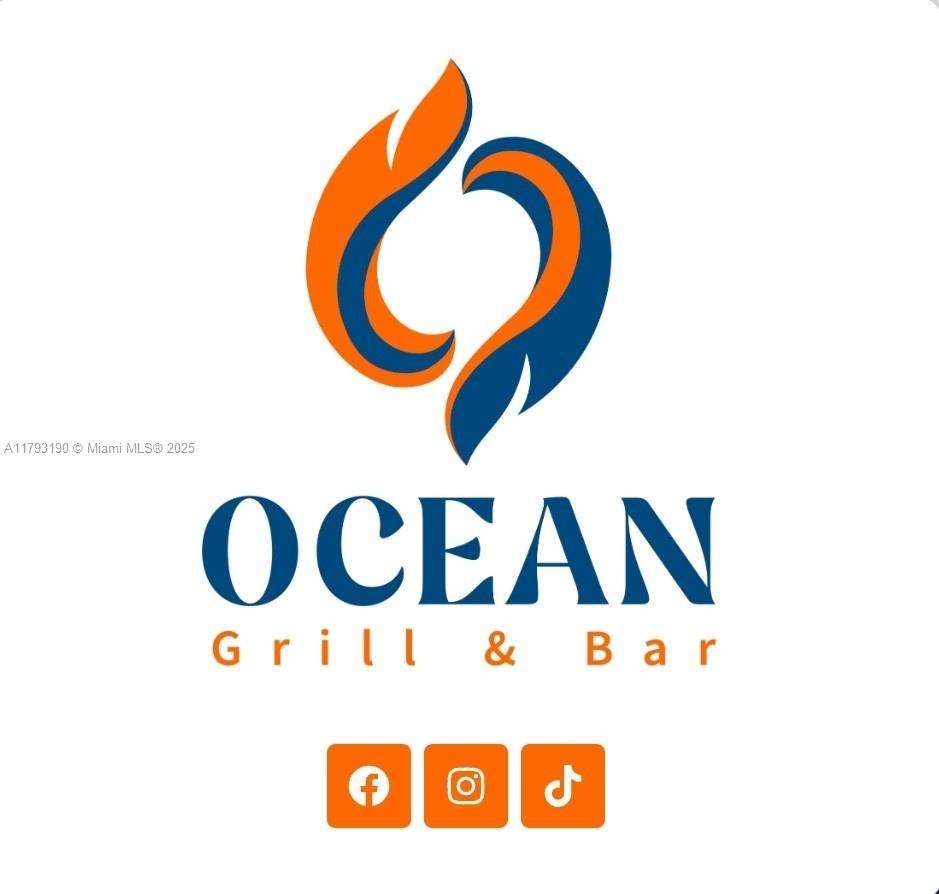 This is a logo for Ocean Grill & Bar featuring orange and blue stylized flame graphics — 1814 Harrison St, Hollywood FL 33020, HOLLYWOOD, FL