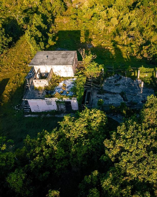 An aerial view shows a weathered, two-story concrete building surrounded by dense green trees — Carr 119 INT. 448 KM 3.7 ROAD, SAN SEBASTIAN, PR