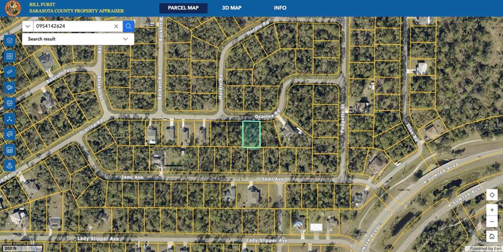 This is a satellite map view of a vacant residential lot highlighted in light blue — OCARINA ROAD, NORTH PORT, FL