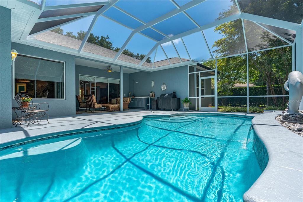 A screened-in patio features a swimming pool with a water feature and outdoor furniture — 3412 REXFORD CIRCLE, ORMOND BEACH, FL