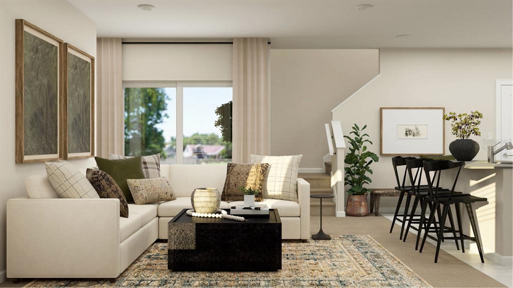 This rendering shows a living room with a sectional sofa, coffee table, and breakfast bar — 6071 WELLBEING WAY, CLERMONT, FL