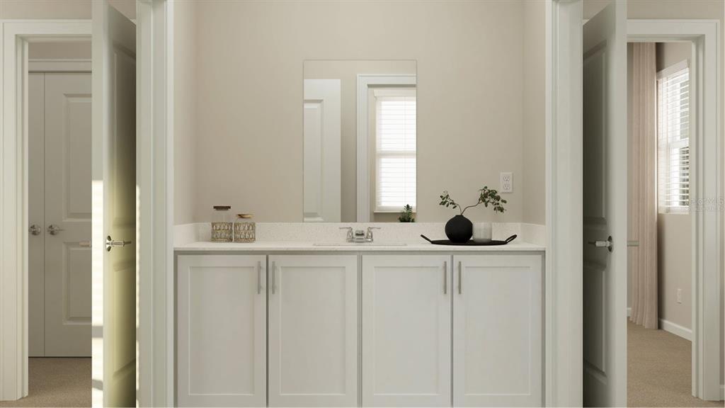 This is a digital rendering of a bathroom vanity with white cabinets and a mirror — 6071 WELLBEING WAY, CLERMONT, FL
