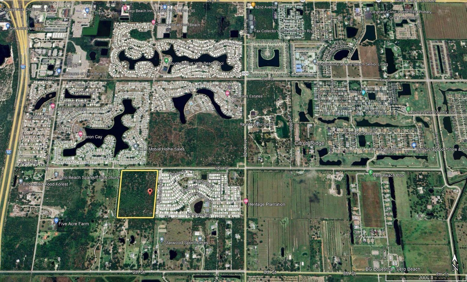 An aerial map view showing a highlighted rectangular parcel of land in Vero Beach, Florida — 8655 12th Street, Vero Beach FL 32966, VERO BEACH, FL