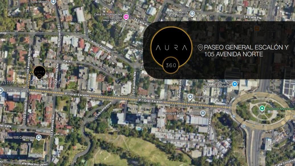 This is a satellite map view showing the location of a property near a roundabout — Paseo General Escalón y 105 Avenida Norte # 9, FL
