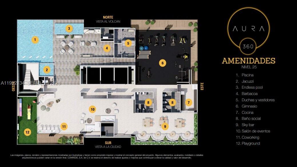 This is a floor plan rendering of a building's 25th-level amenities, including pools and gym — Paseo General Escalón y 105 Avenida Norte # 9, FL