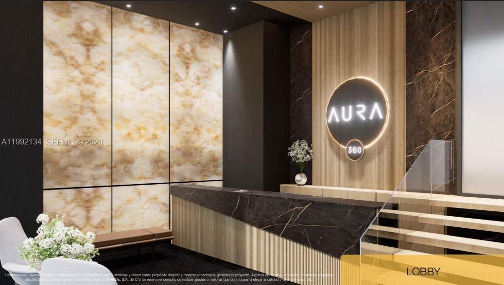 This architectural rendering shows a modern lobby with a dark marble desk and backlit signage — Paseo General Escalón y 105 Avenida Norte # 9, FL
