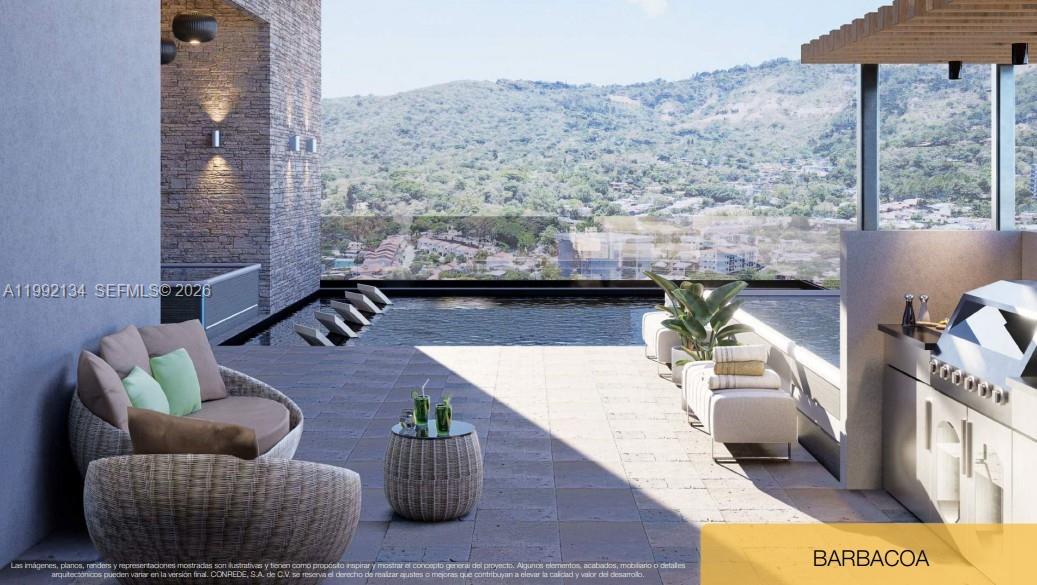 This architectural rendering shows an outdoor terrace with a pool, lounge seating, and a grill — Paseo General Escalón y 105 Avenida Norte # 9, FL