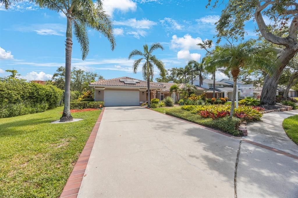 A single-story house with a concrete driveway, palm trees, and a tiled roof — 14115 HARBORWOOD DRIVE, LARGO, FL