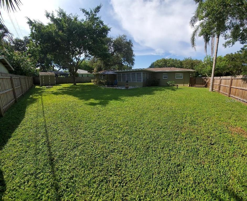 A grassy backyard features a single-story house with a patio and a wooden storage shed — 1637 WHITEWOOD DRIVE, CLEARWATER, FL