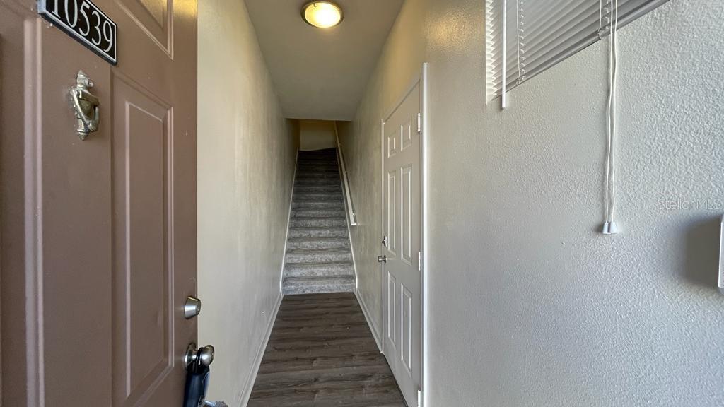 An entryway features wood-look flooring, a white door, and stairs leading to an upper level — 10539 VILLA VIEW CIRCLE UNIT 10539, TAMPA, FL