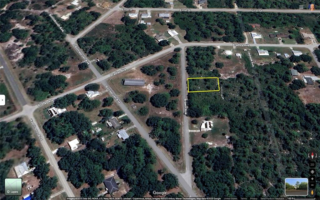 This is an aerial map view showing a vacant, rectangular lot outlined in yellow — 458 BRAWIN AVENUE, LAKE PLACID, FL