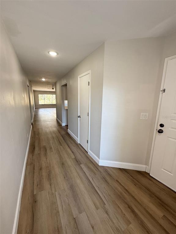 A hallway with light-colored walls and wood-look flooring leads toward a bright living area — 3505 TARPON WOODS BOULEVARD UNIT J408, PALM HARBOR, FL