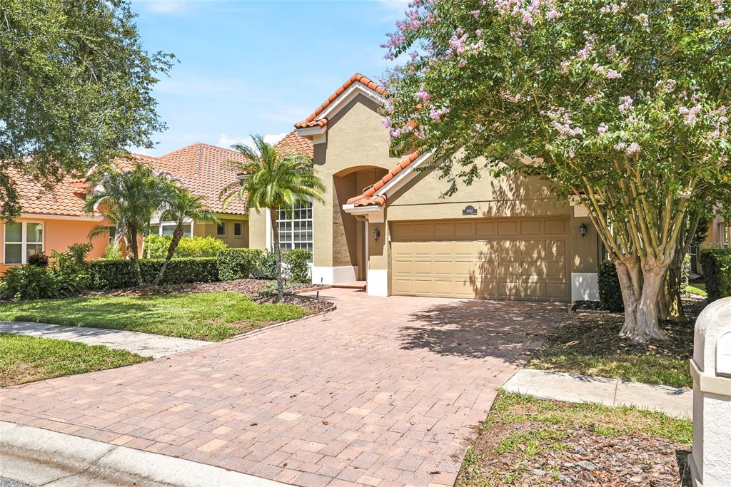 A tan stucco house with a tiled roof, brick paver driveway, and blooming crepe myrtle tree — 18912 PLACE MARQUETTE, LUTZ, FL