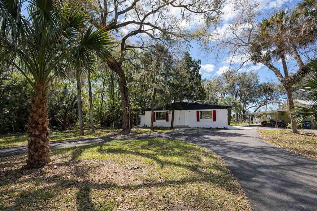 A white single-story house with red shutters sits behind a paved driveway and large trees — 502 NW CRYSTAL STREET, CRYSTAL RIVER, FL