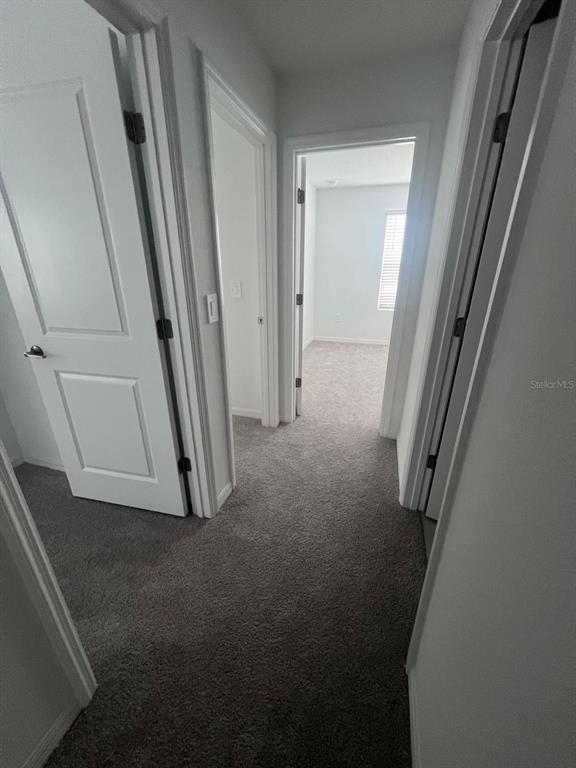A carpeted hallway leads to a bedroom with a window and white interior doors — 424 WAYLAND DRIVE, HAINES CITY, FL