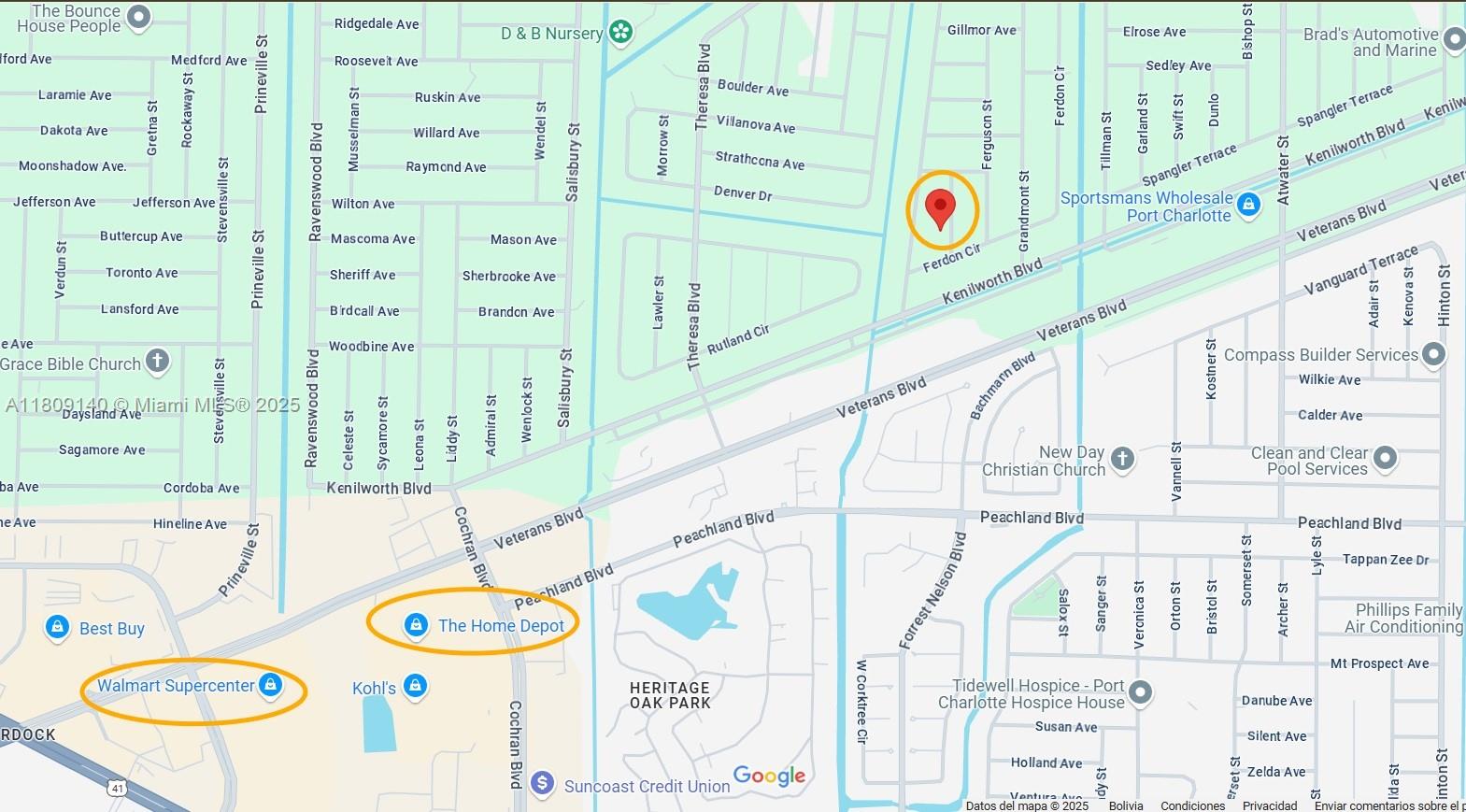 This is a map showing streets and businesses in the Port Charlotte area — 283 Gilbert St, Port Charlotte FL 33954, PORT CHARLOTTE, FL
