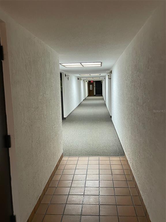A long indoor hallway with tiled flooring in the foreground and carpeted flooring beyond — 2591 COUNTRYSIDE BOULEVARD UNIT 5203, CLEARWATER, FL