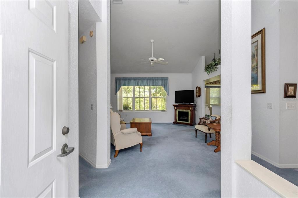 A view from a doorway into a living room with blue carpeting and a fireplace — 11496 SW 82ND COURT ROAD, OCALA, FL