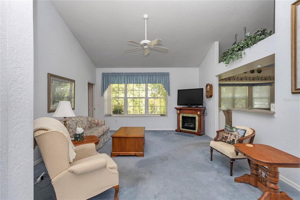 A living room features a vaulted ceiling, blue carpeting, a fireplace, and a ceiling fan — 11496 SW 82ND COURT ROAD, OCALA, FL