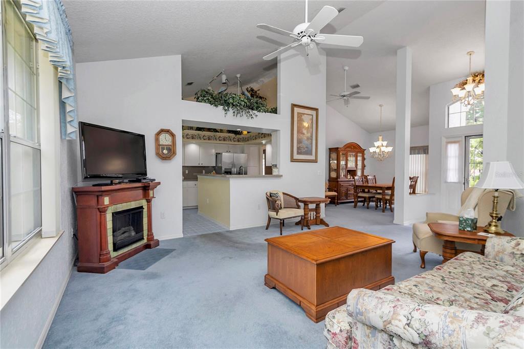A living room features blue carpeting, a fireplace, and an open view into the kitchen — 11496 SW 82ND COURT ROAD, OCALA, FL