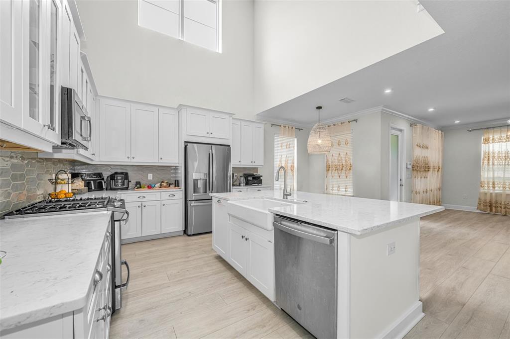 A bright, modern kitchen features white cabinetry, a large island, and stainless steel appliances — 13760 STEVENSON LANE, ODESSA, FL