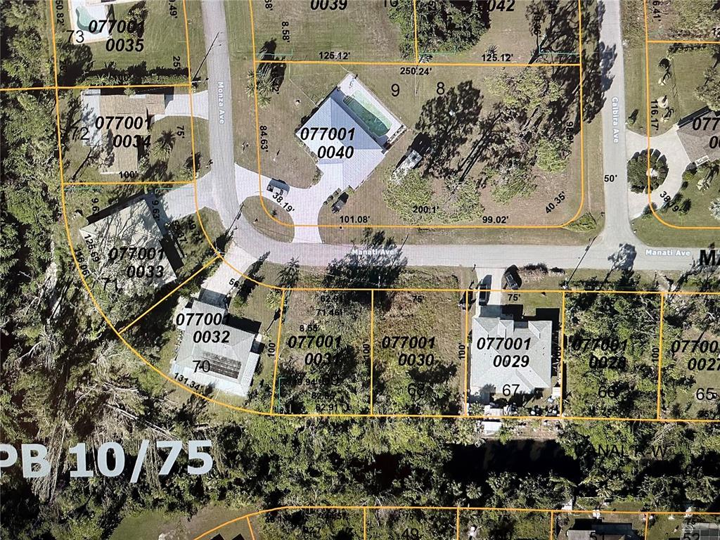 This is a property tax map showing parcel boundaries, lot numbers, and street layouts — LOT 69 MANATI AVENUE, NORTH PORT, FL
