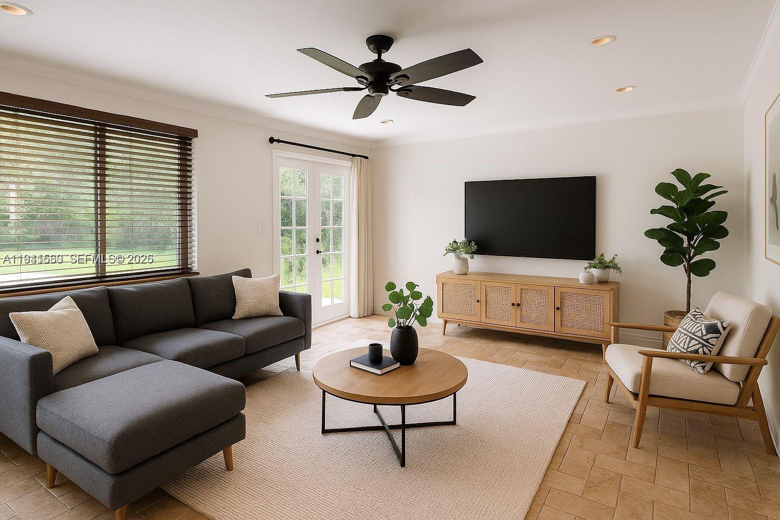 A living room features a gray sectional sofa, a round coffee table, and a media console — 7350 SW 96th St # 7350, Pinecrest FL 33156, PINECREST, FL