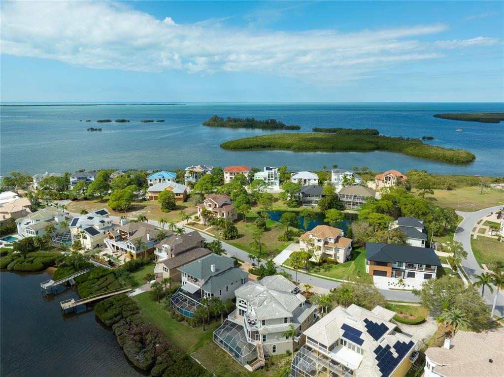 An aerial view of waterfront homes surrounded by trees and mangroves near a large bay — HARBOUR WATCH CIRCLE, TARPON SPRINGS, FL