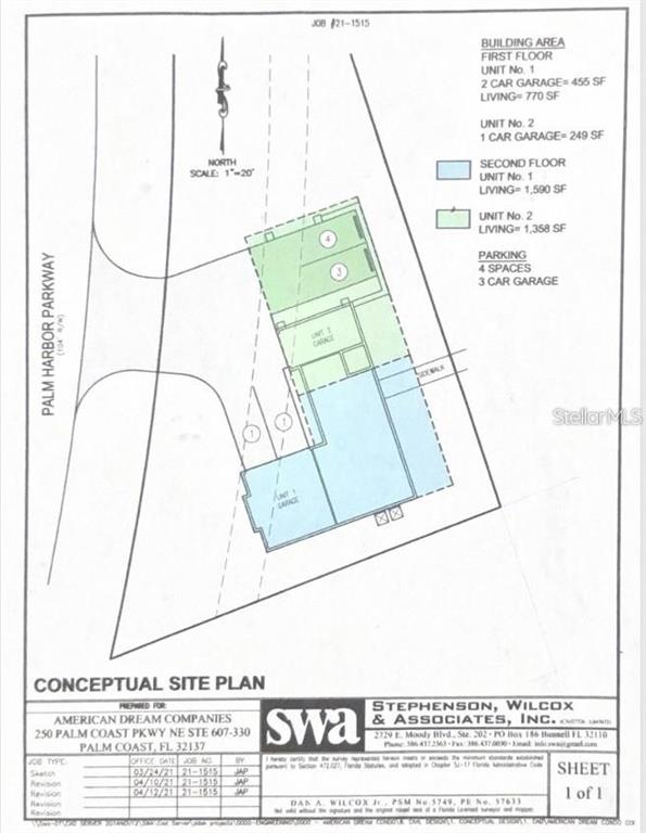 This is a conceptual site plan showing the building footprint and parking for two units — 101 PALM HARBOR PARKWAY, PALM COAST, FL