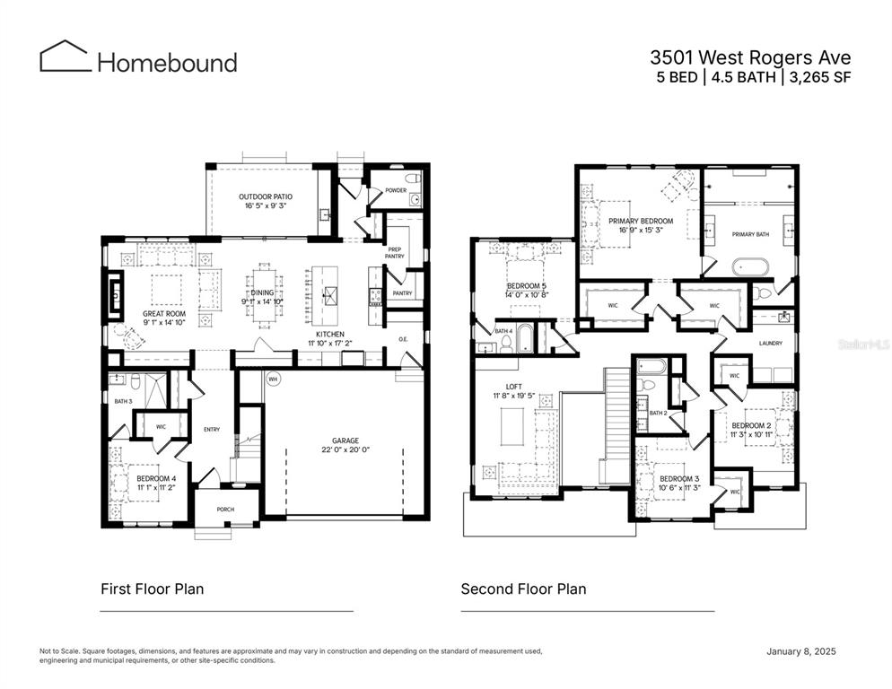 This floor plan shows a two-story home with five bedrooms, 4.5 baths, and a garage — 3501 W ROGERS AVENUE, TAMPA, FL