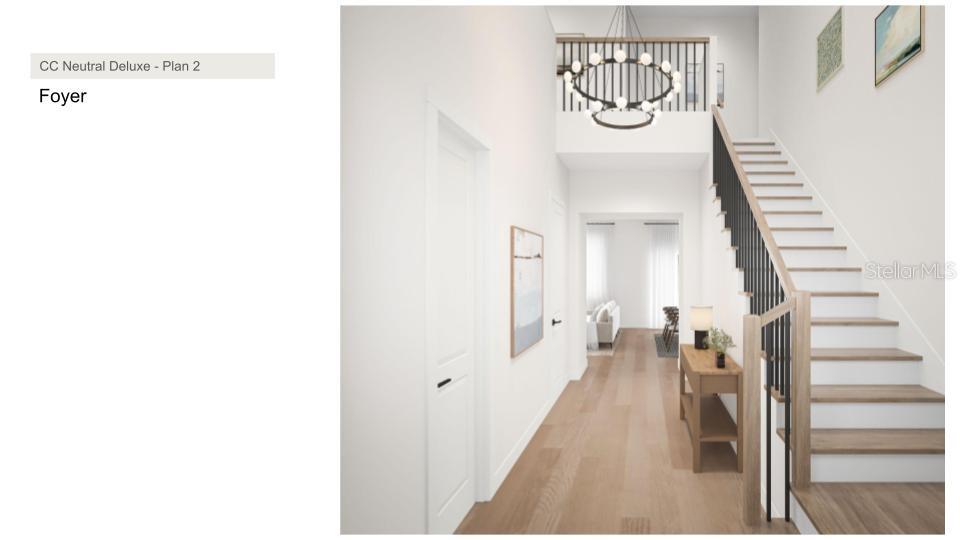 A rendering of a bright foyer featuring light wood floors, a staircase, and a chandelier — 3501 W ROGERS AVENUE, TAMPA, FL