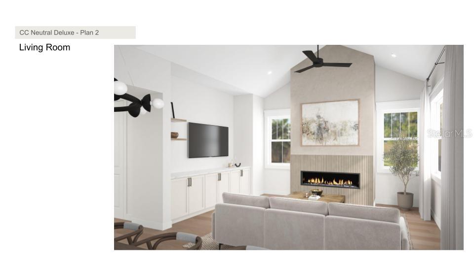 This rendering shows a living room with a fireplace, built-in cabinets, and a vaulted ceiling — 3501 W ROGERS AVENUE, TAMPA, FL