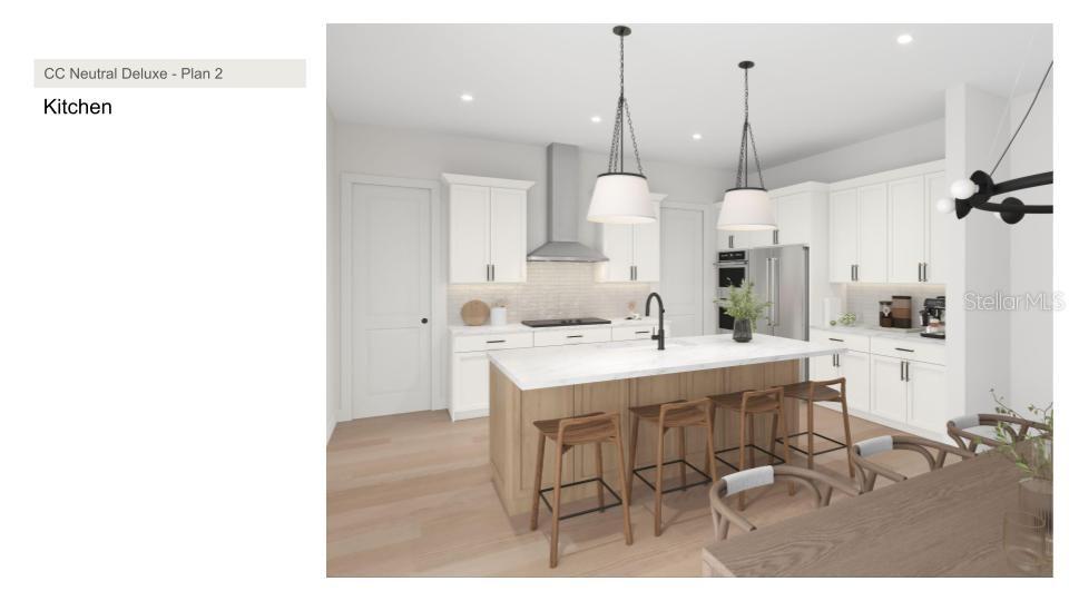 This rendering shows a kitchen with white cabinets, a wood-toned island, and pendant lighting — 3501 W ROGERS AVENUE, TAMPA, FL