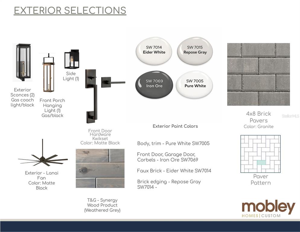 This exterior design board displays paint colors, lighting fixtures, hardware, wood finishes, and paver patterns — 3010 S KEATS STREET, TAMPA, FL