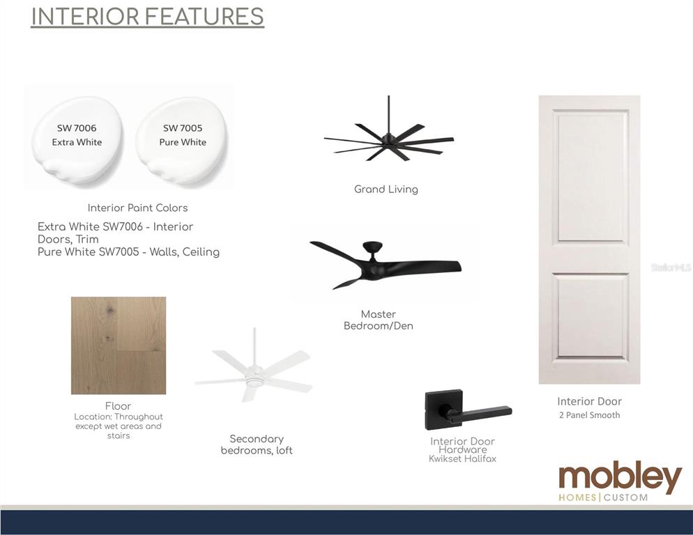 This design board displays interior finishes including paint colors, flooring, ceiling fans, and door hardware — 3010 S KEATS STREET, TAMPA, FL