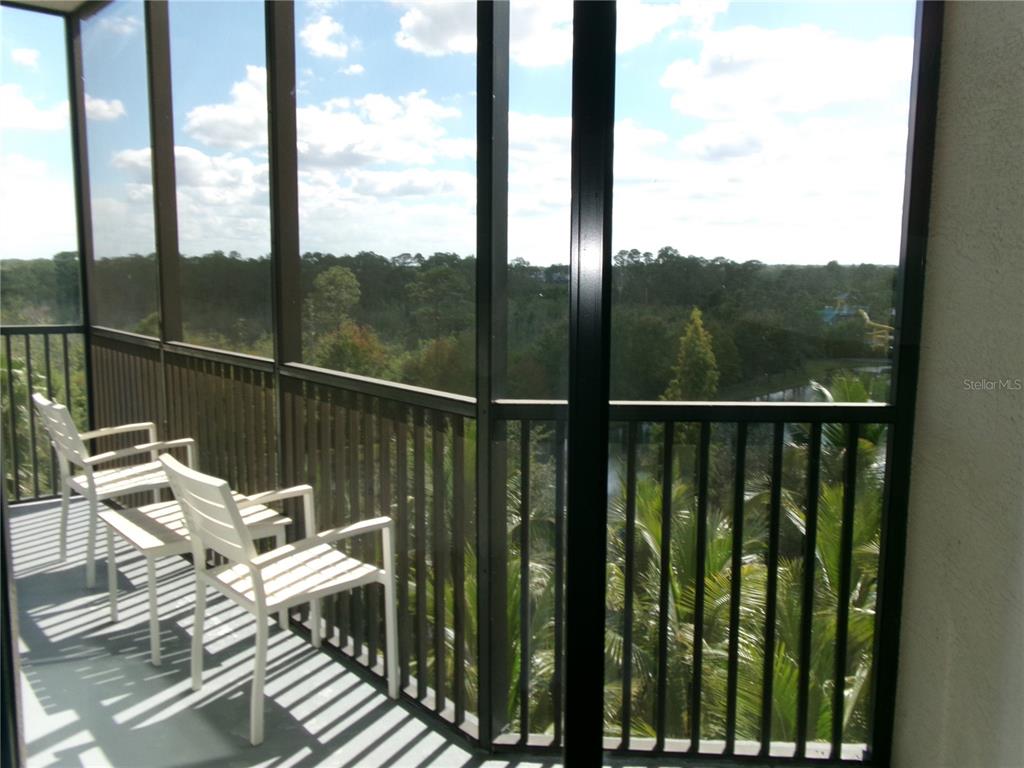 A screened-in balcony features two white chairs overlooking a wooded area and a pond — 14501 GROVE RESORT AVENUE UNIT 1612, WINTER GARDEN, FL