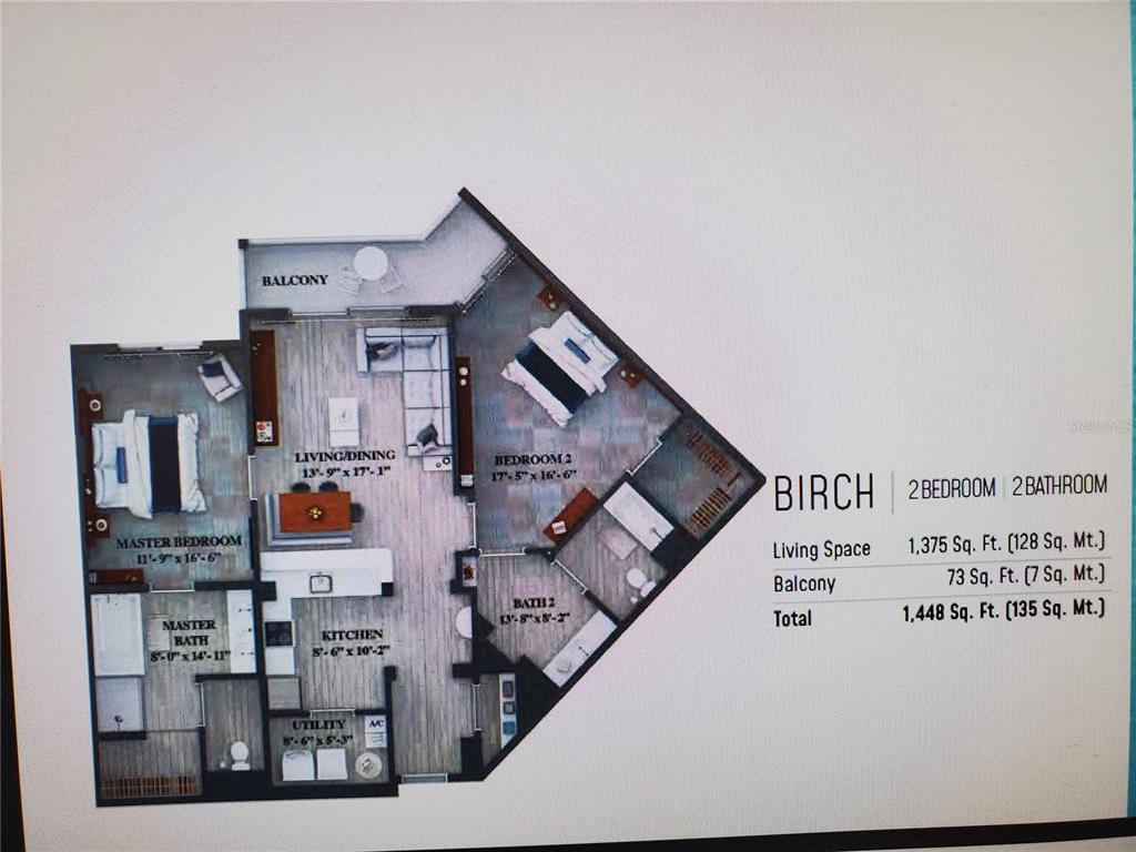 This is a floor plan for a two-bedroom, two-bathroom apartment labeled as the Birch unit — 14501 GROVE RESORT AVENUE UNIT 1612, WINTER GARDEN, FL