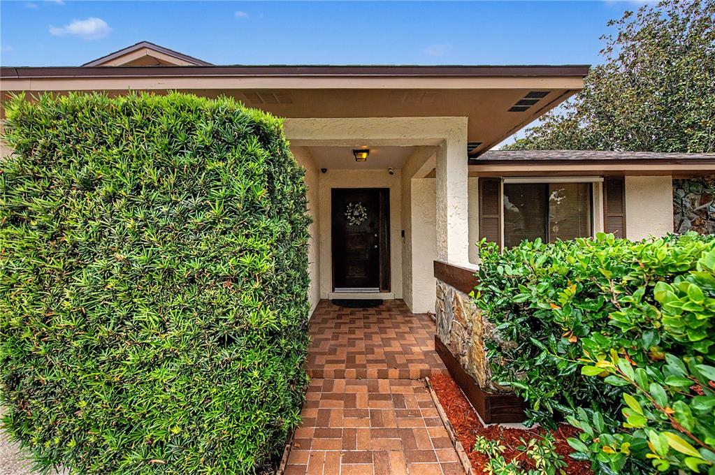 A brick walkway leads to the front entrance of a house with a large hedge — 901 TARAWOOD LANE, VALRICO, FL