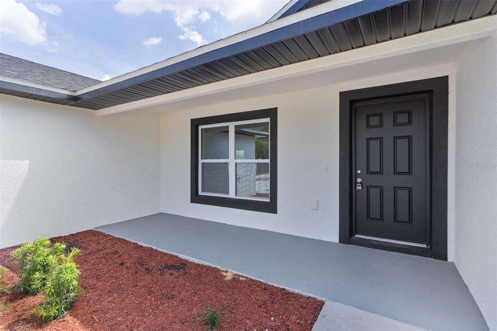 A white exterior wall features a black front door and a window with black trim — 44 MALAUKA DRIVE, OCKLAWAHA, FL