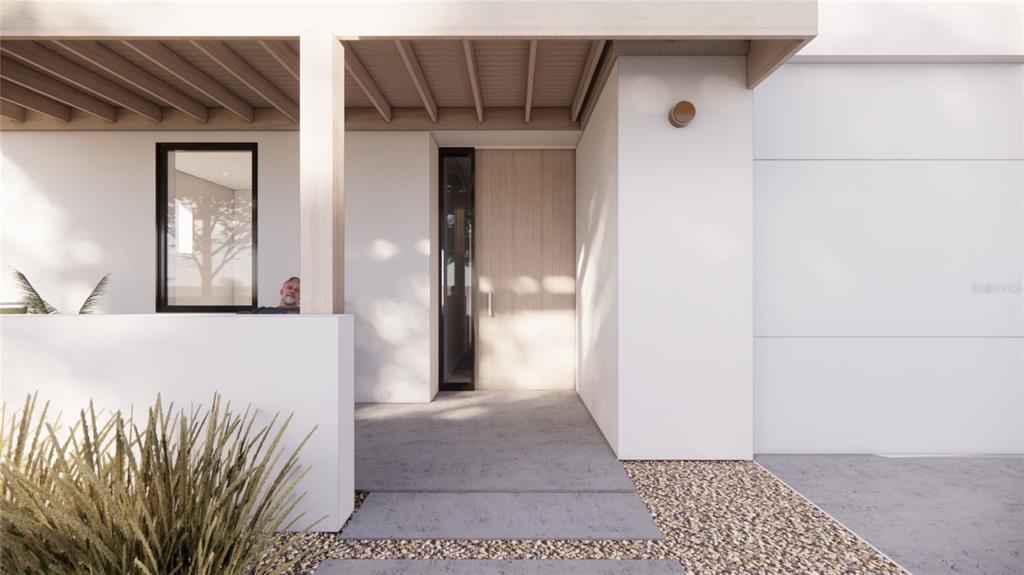 This architectural rendering shows a modern home entrance with a wood door and covered porch — 423 SKYFIELD COURT, LADY LAKE, FL