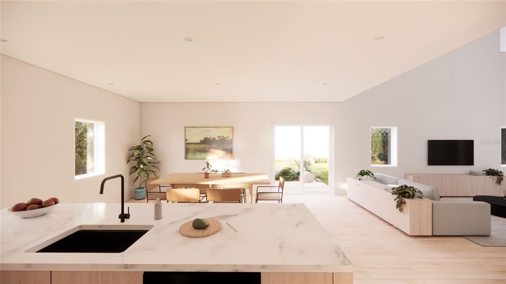 This rendering shows an open-concept kitchen, dining area, and living room with modern light finishes — 423 SKYFIELD COURT, LADY LAKE, FL