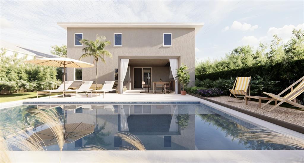 This is a rendering of a two-story house exterior featuring a swimming pool and patio — 423 SKYFIELD COURT, LADY LAKE, FL