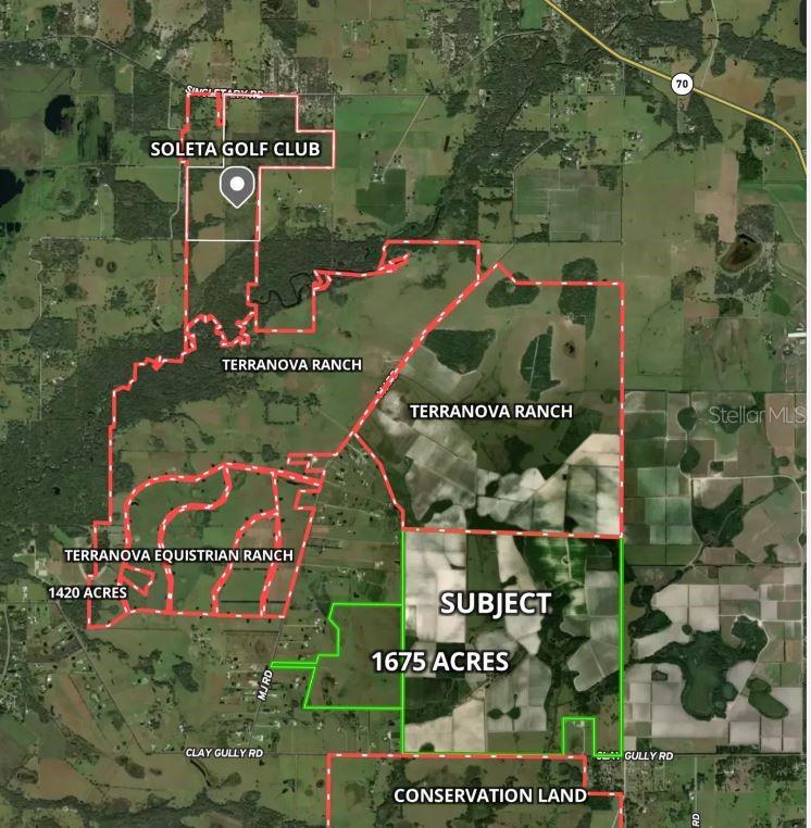This map shows the 1675-acre subject property outlined in green adjacent to other named land parcels — CLAY GULLY ROAD, MYAKKA CITY, FL